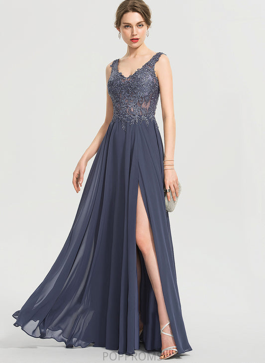 Chiffon Prom Dresses Split Sequins V-neck A-Line Malia With Front Floor-Length Beading