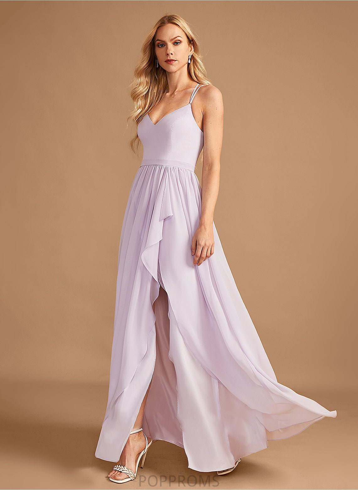 V-neck Neckline SplitFront Silhouette Ruffle Length A-Line Embellishment Fabric Asymmetrical Liliana V-Neck Bridesmaid Dresses