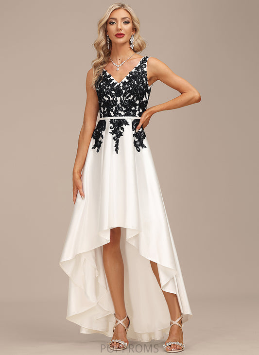 Dress V-neck Cocktail Dresses Asymmetrical Lace Mia A-Line Satin Cocktail