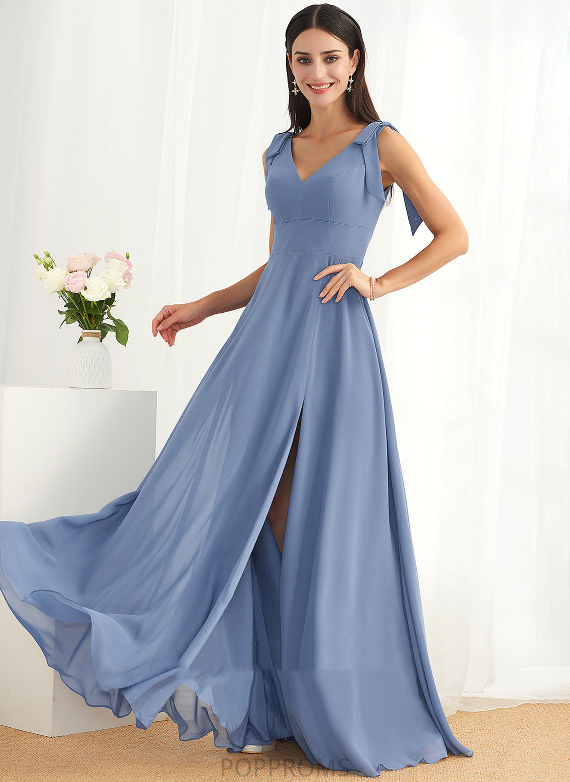 Neckline SplitFront Fabric Floor-Length Length Silhouette A-Line Bow(s) V-neck Embellishment Mandy Sleeveless Bridesmaid Dresses