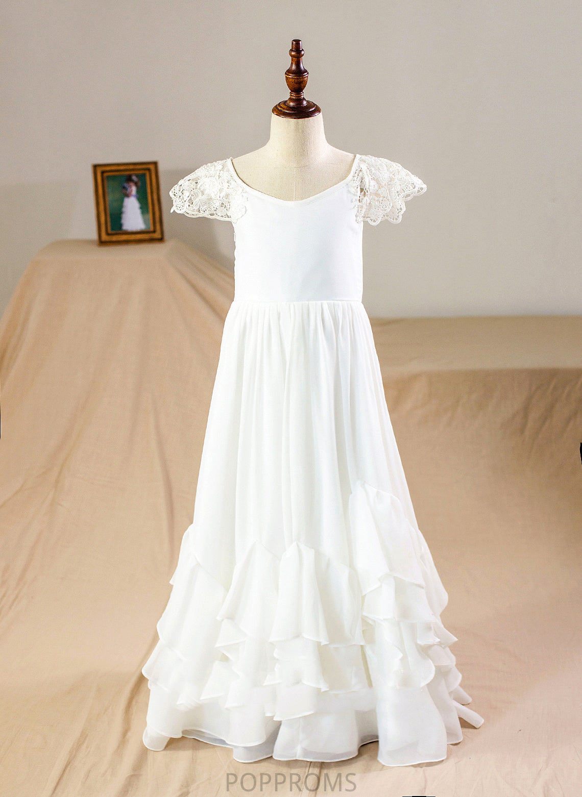 With - Neck Flower Lace Sleeves Short A-Line Flower Girl Dresses Chiffon Dress Girl Floor-length Hayley Scoop