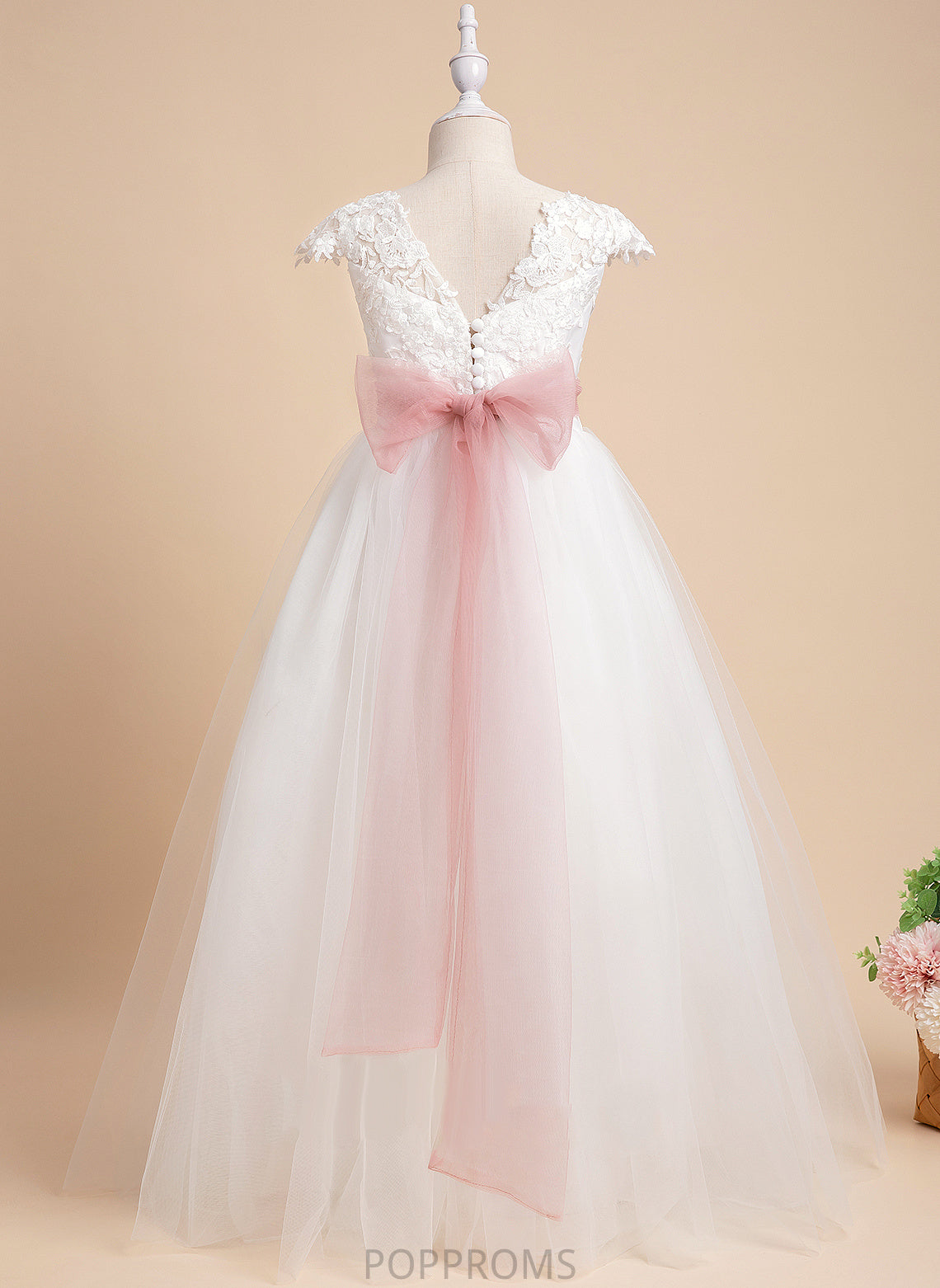 With Sleeveless Dress Willow Scoop Ball-Gown/Princess Flower Neck Lace/Sash Floor-length Girl Lace - Flower Girl Dresses