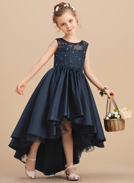 Satin Girl Dress Neck Flower Bow(s) Sleeveless - Alessandra Asymmetrical Flower Girl Dresses With Ball-Gown/Princess Scoop