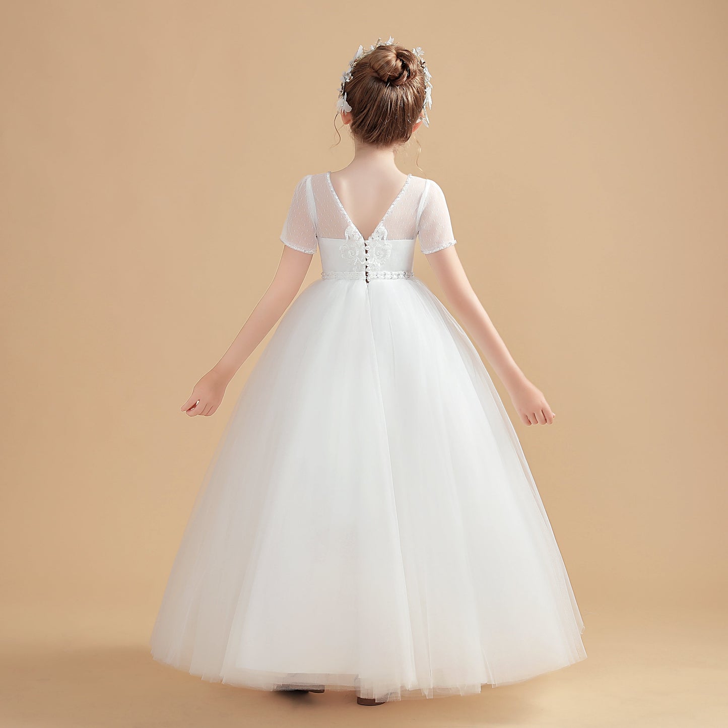 Short Sleeves Ivory Tulle Flower Girl Dresses With Lace Appliques