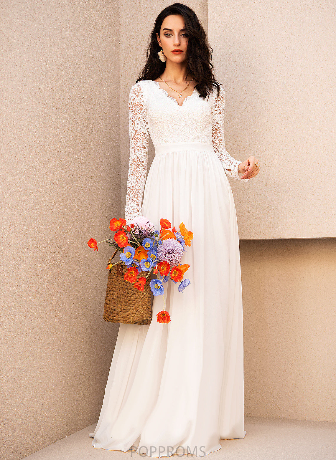 V-neck Chiffon A-Line Wedding Dresses Wedding Dayami Dress Floor-Length Lace