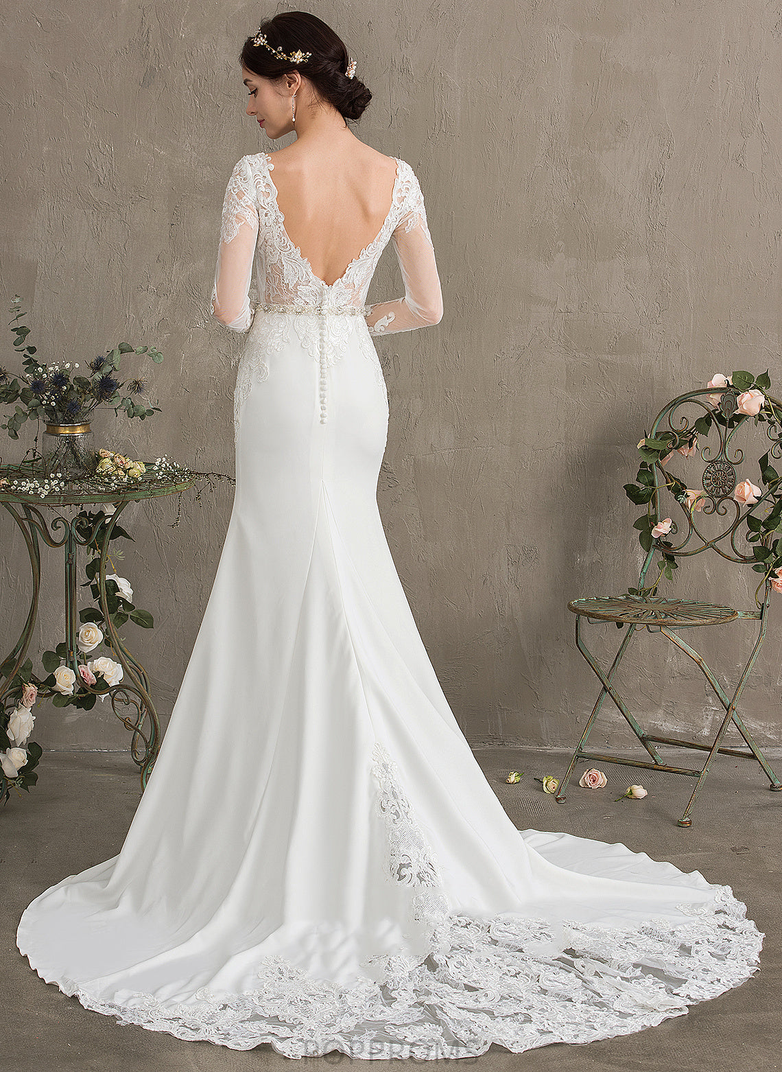 Scoop Wedding Dresses Neck Sequins Wedding With Crepe Chapel Trumpet/Mermaid Beading Elyse Lace Stretch Dress Train