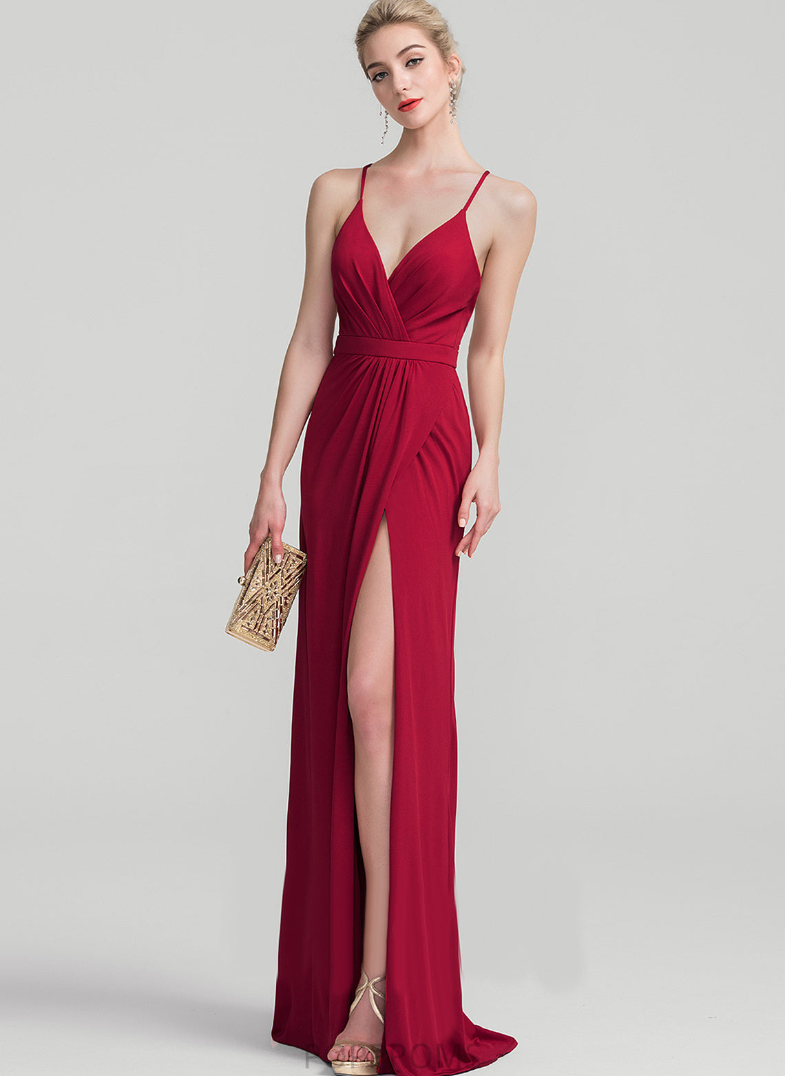 V-neck Floor-Length Kaleigh Sheath/Column With Pleated Prom Dresses Jersey