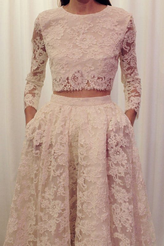 Two Piece A Line Court Train 3/4 Sleeve Lace Beach Wedding Dresses