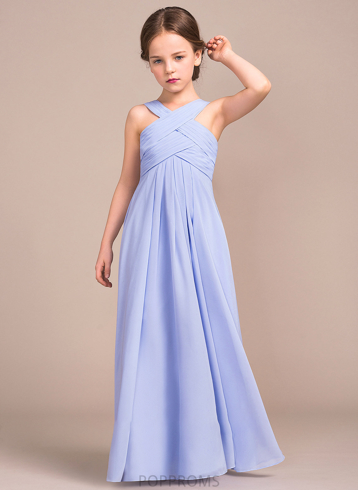 With A-Line Junior Bridesmaid Dresses Chiffon Floor-Length Roselyn Ruffle V-neck