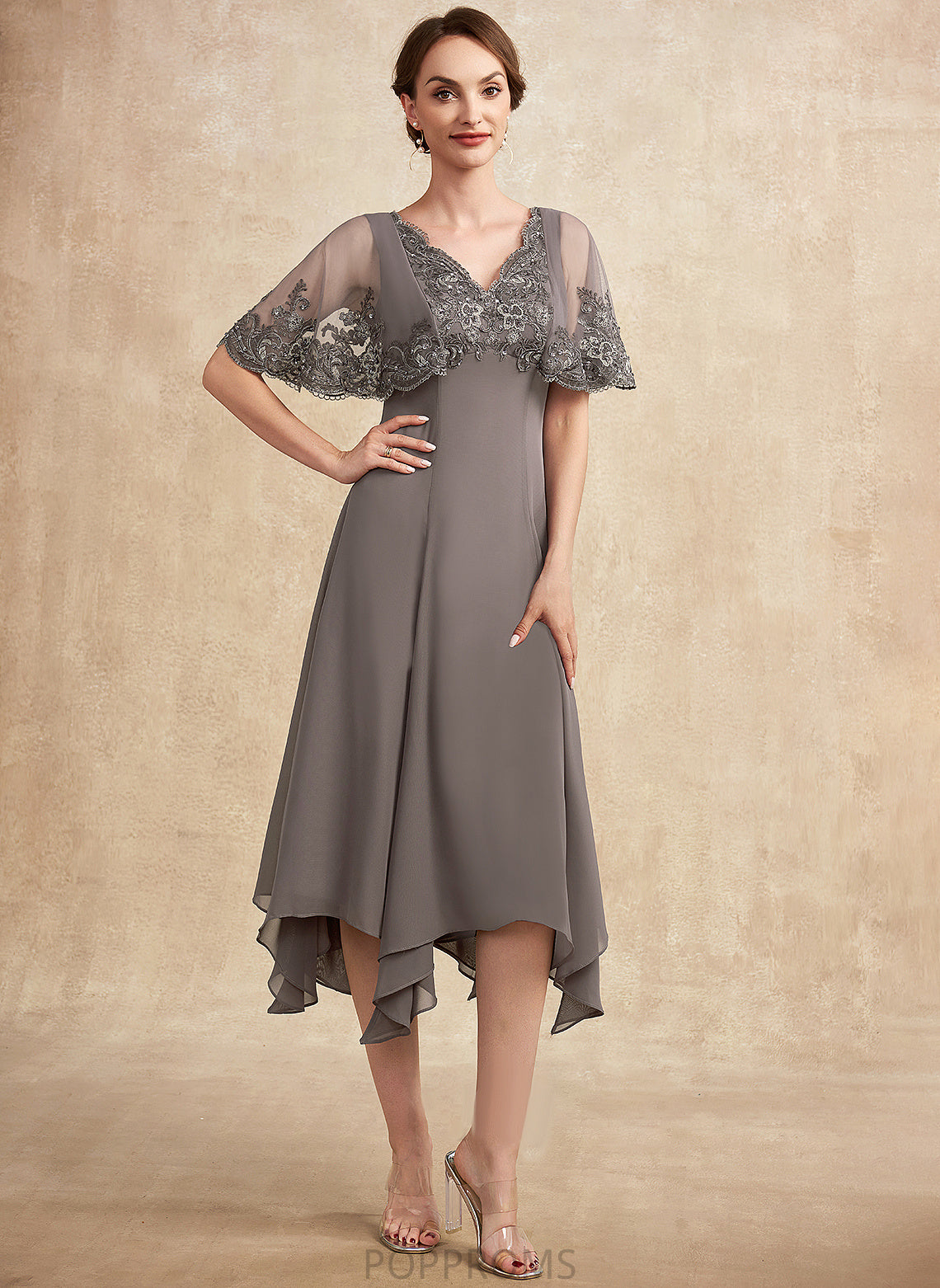 Mother Taniya Mother of the Bride Dresses Beading Sequins V-neck Bride Lace With of Chiffon Tea-Length the Dress A-Line