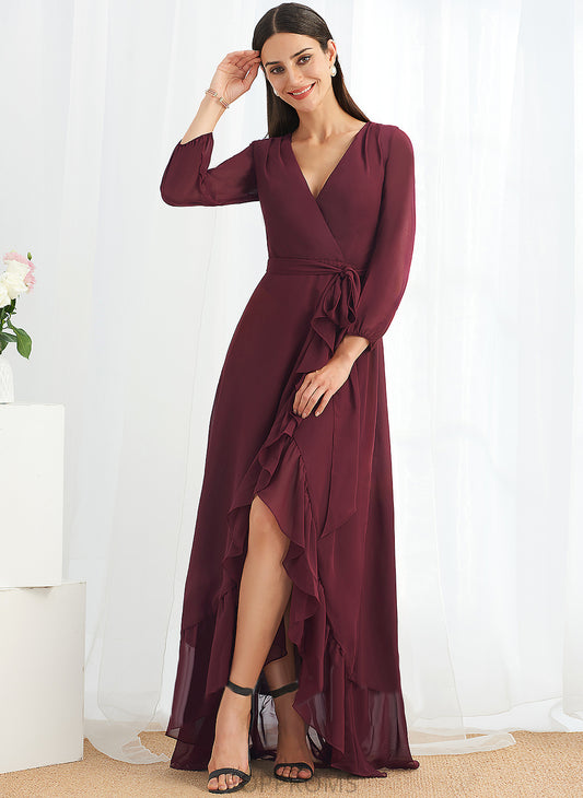 Neckline Asymmetrical Length A-Line Fabric Ruffle Embellishment SplitFront V-neck Silhouette Raven Natural Waist Bridesmaid Dresses