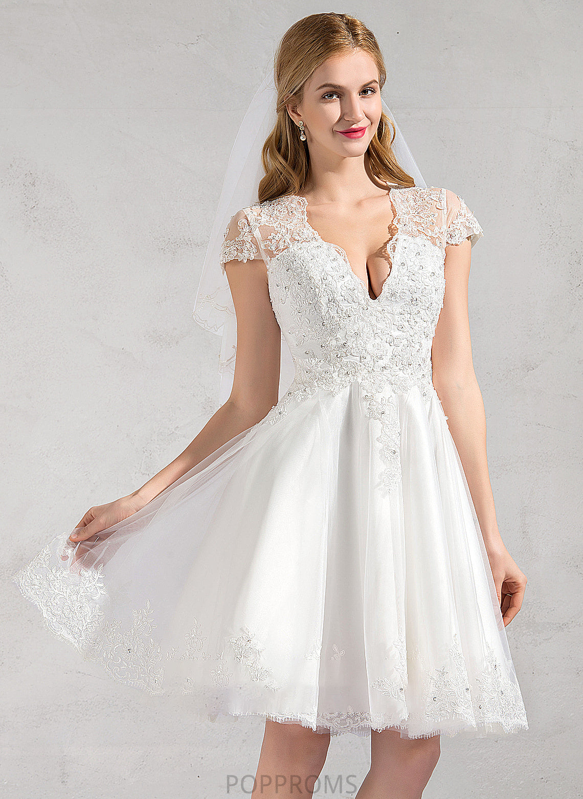 Wedding Dresses Lace Sequins V-neck Dress With Knee-Length A-Line Tulle Beading Lace Wedding Appliques Neveah