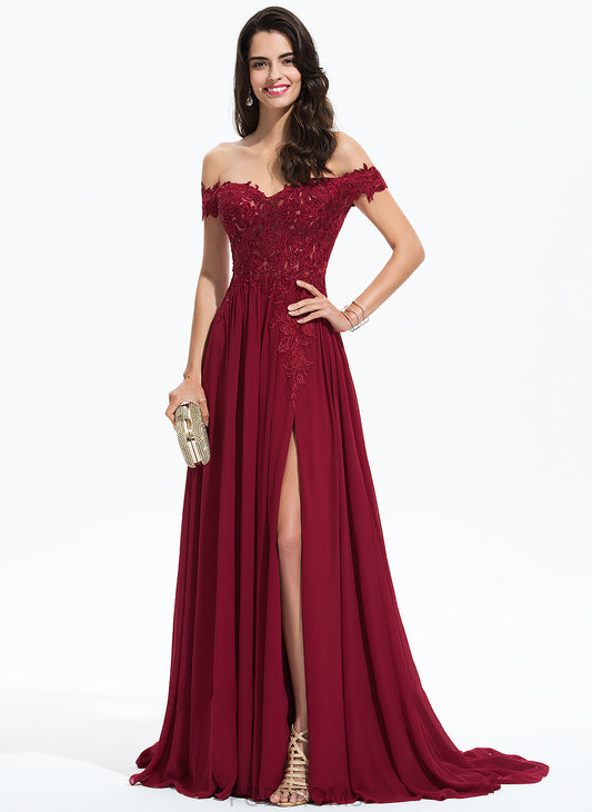 Lace Shaniya With Off-the-Shoulder Chiffon A-Line Train Sweep Prom Dresses Sequins