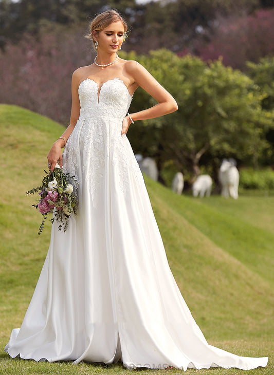 Wedding Dresses With Dress Lace Front Split Makenna Sweetheart Chapel Satin Wedding Train Ball-Gown/Princess