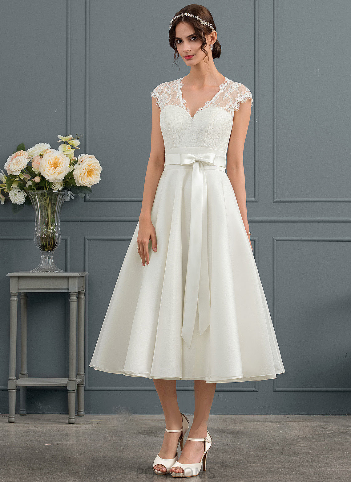 Wedding Dresses A-Line Bow(s) Tea-Length Dress Kathy With Satin Wedding V-neck