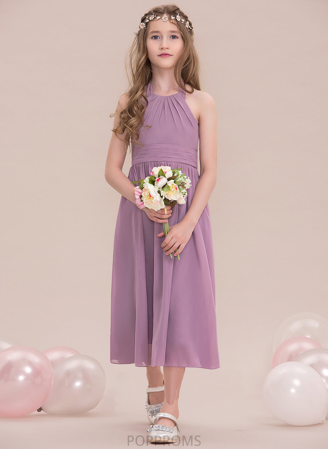 With Tea-Length Clare Ruffle Halter Junior Bridesmaid Dresses Chiffon A-Line