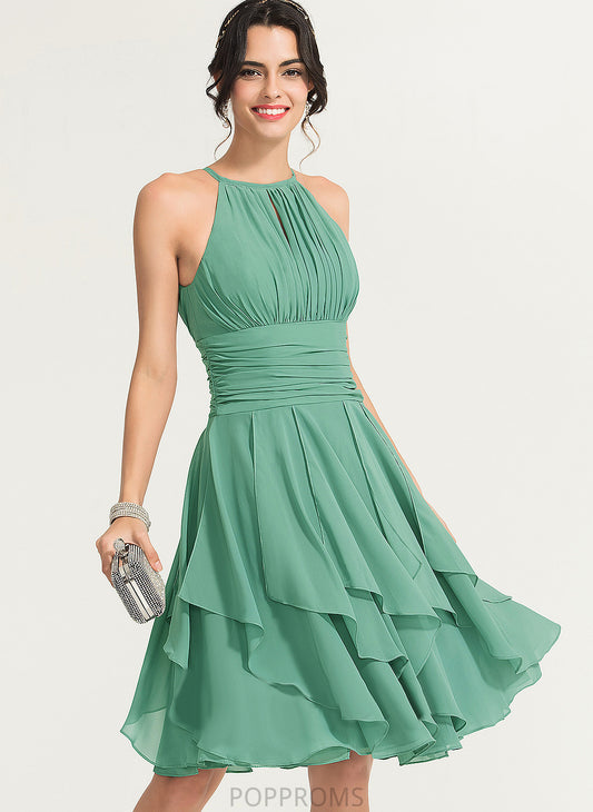 Knee-Length Cocktail Dress Scoop Cascading Chiffon A-Line Cocktail Dresses Ruffle Ruffles Lindsey With Neck