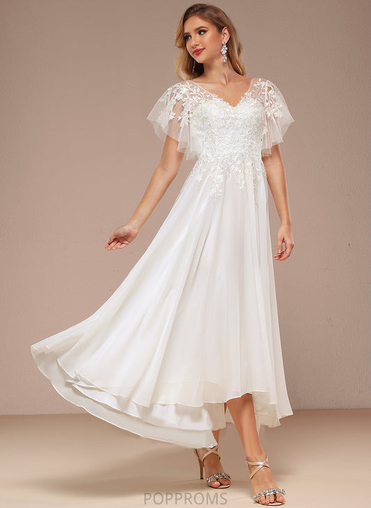 Ruffle Dress V-neck Wedding Asymmetrical With Elva Tulle Lace A-Line Wedding Dresses