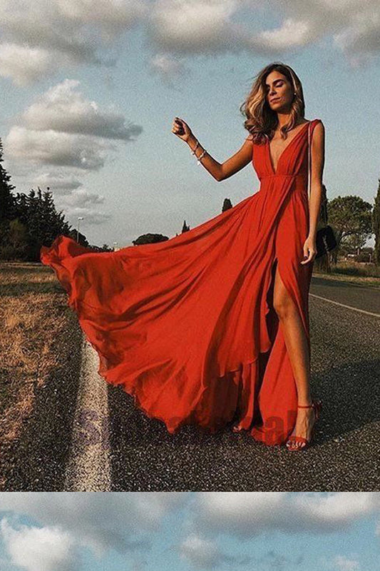 Red A Line Floor Length Deep V Neck Sleeveless Chiffon Side Slit Prom Dresses