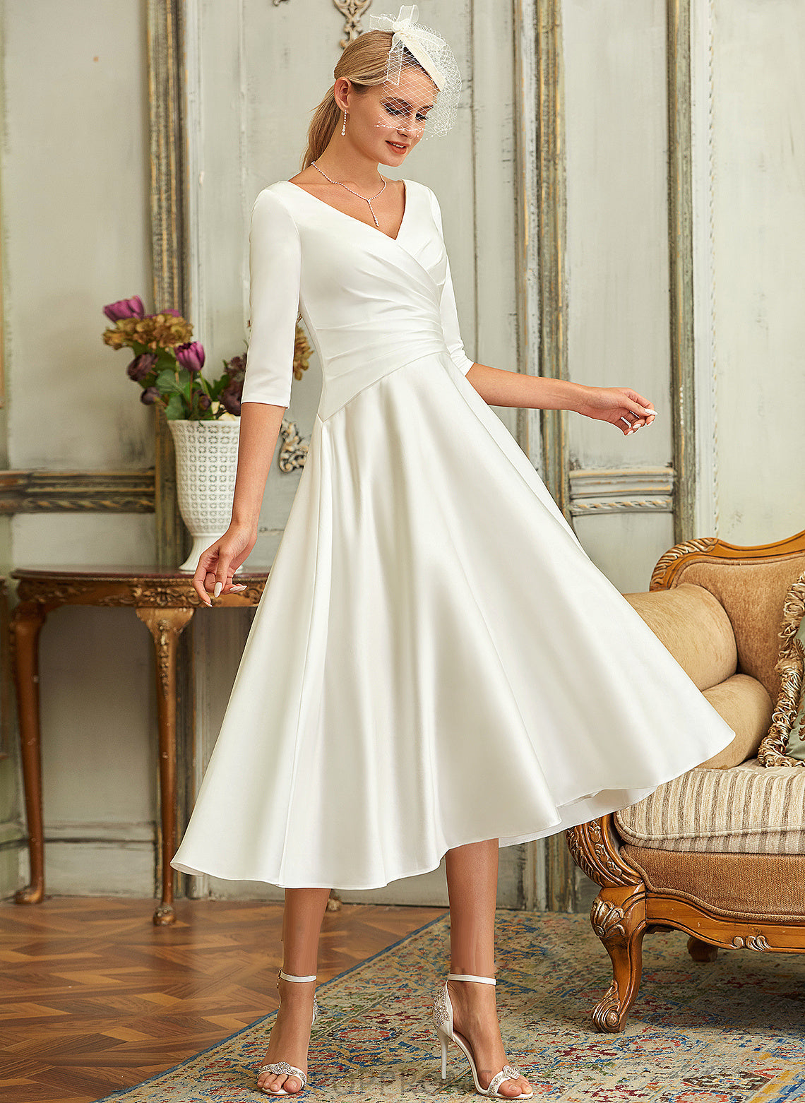 Wedding V-neck Tea-Length A-Line Alia Satin Wedding Dresses Dress