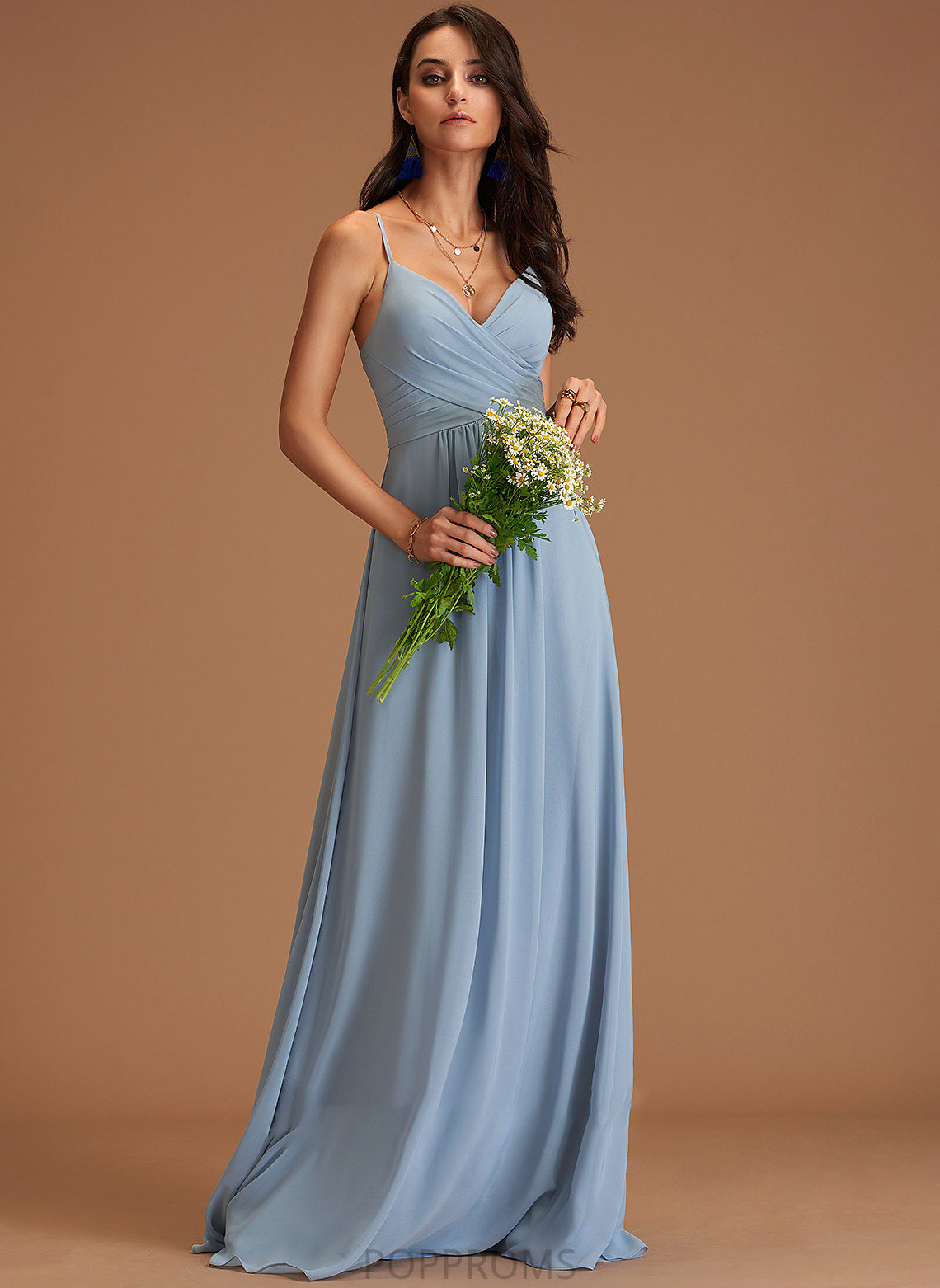 Floor-Length Embellishment A-Line V-neck Length Fabric Silhouette Ruffle Neckline Caitlyn Sleeveless V-Neck Bridesmaid Dresses