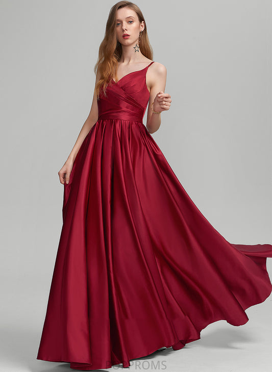 With Pockets Satin A-Line Essence Prom Dresses Ruffle V-neck Floor-Length