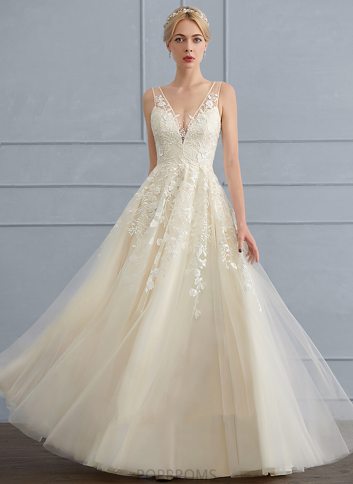 Dress Nora Beading Wedding Sequins With Lace Tulle Wedding Dresses Floor-Length V-neck A-Line