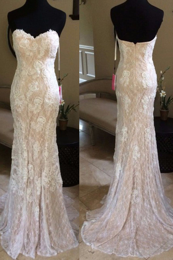 Ivory Sheath Brush Train Sweetheart Sleeveless Lace Beading Prom Dresses