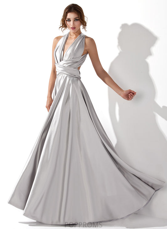 V-neck Pleated Charmeuse A-Line With Prom Dresses Floor-Length Bria