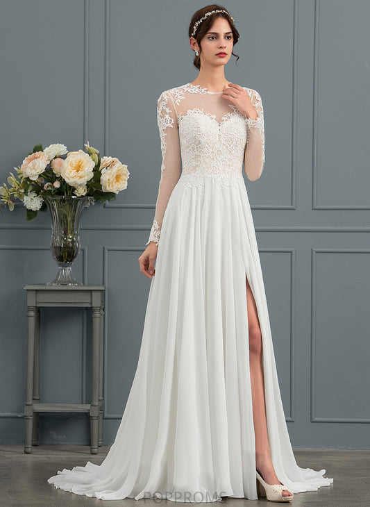 Wedding Train A-Line Split Illusion Appliques Dress With Chiffon Sweep Gianna Wedding Dresses Tulle Lace Front