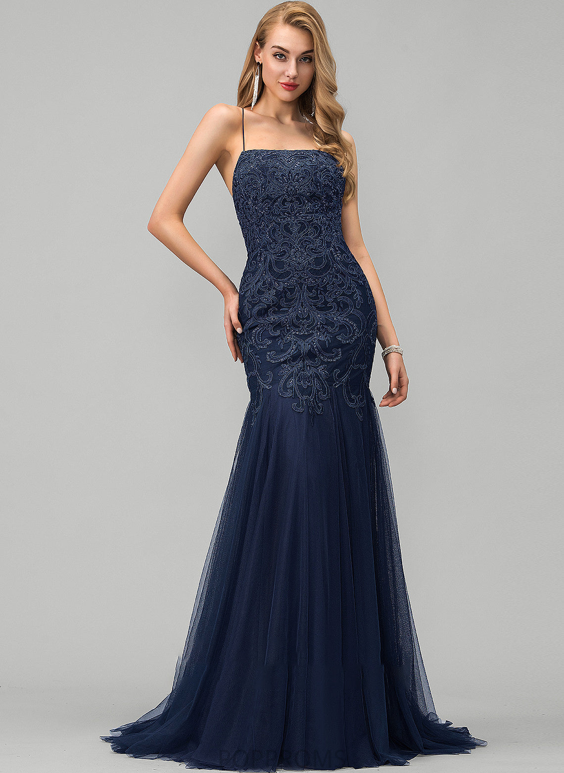 Lace Tulle Prom Dresses Train Square Sequins Viviana Sweep Trumpet/Mermaid With Neckline