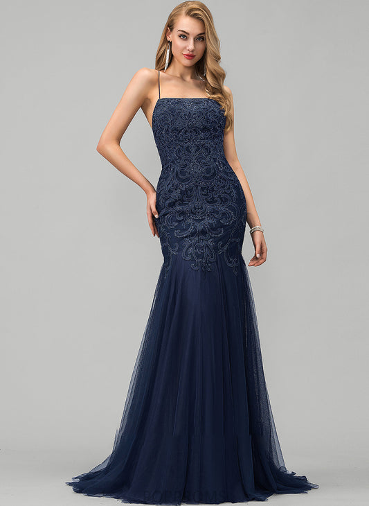 Lace Tulle Prom Dresses Train Square Sequins Viviana Sweep Trumpet/Mermaid With Neckline