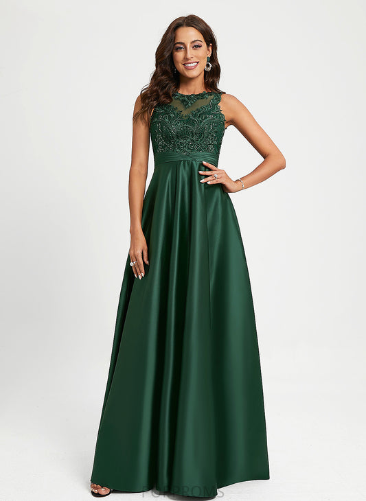 Scoop Lace With Polly Satin Floor-Length Sequins Prom Dresses Ball-Gown/Princess