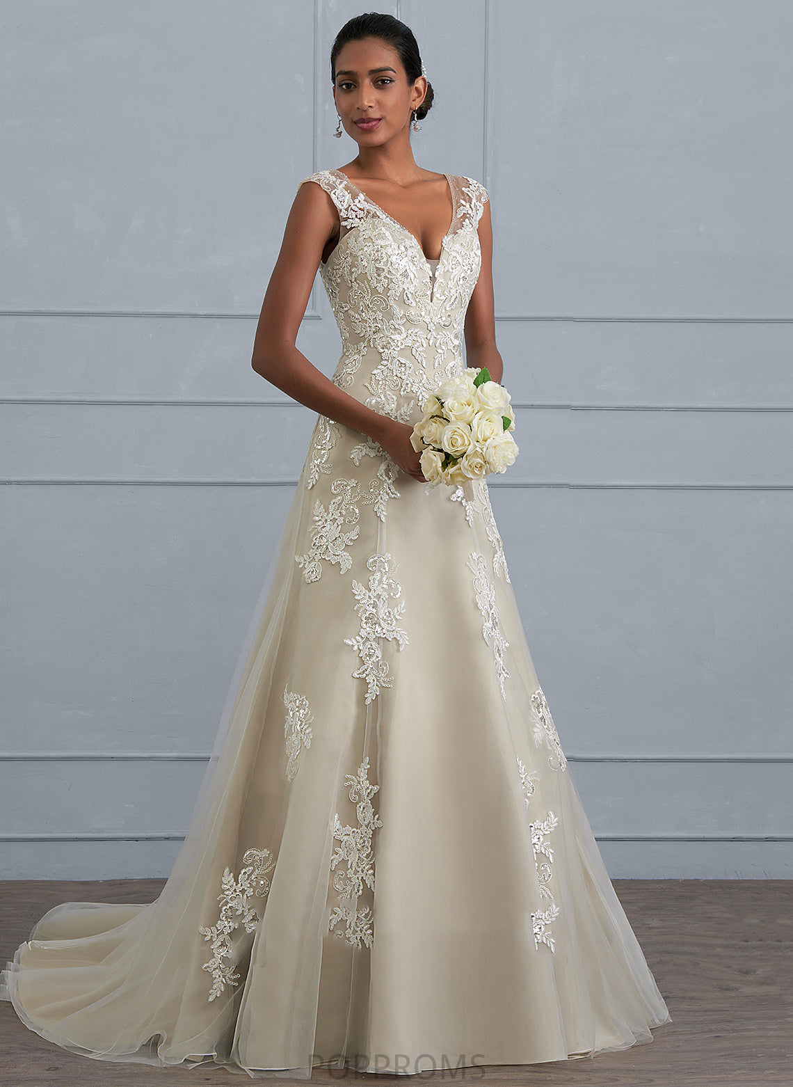 Dress Lace Sequins Wedding Dresses With Tulle Court V-neck Beading Train Sydnee Wedding A-Line