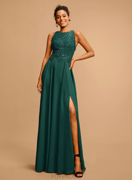 Neck Chiffon Split Prom Dresses Heidy Floor-Length Lace Scoop Sequins A-Line Front With