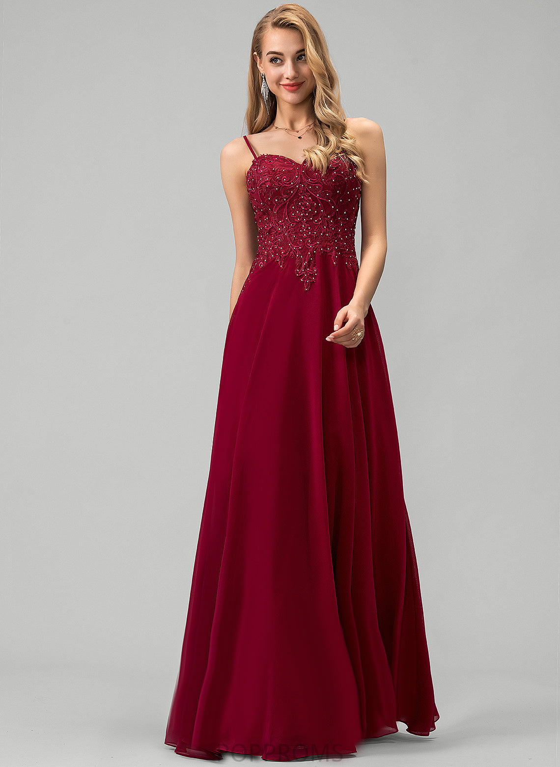 Lace Floor-Length Sue Sweetheart Chiffon With A-Line Rhinestone Prom Dresses