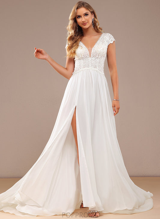 Cindy Front Chiffon Sweep V-neck Train With Wedding Lace A-Line Wedding Dresses Split Dress Lace