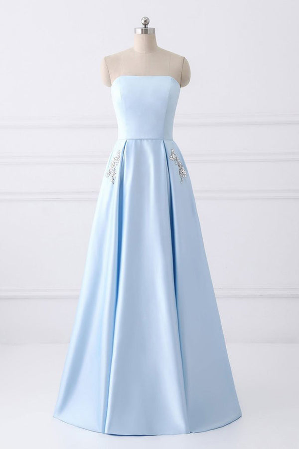 Light Blue A Line Floor Length Strapless Sleeveless Lace Up Prom Dresses