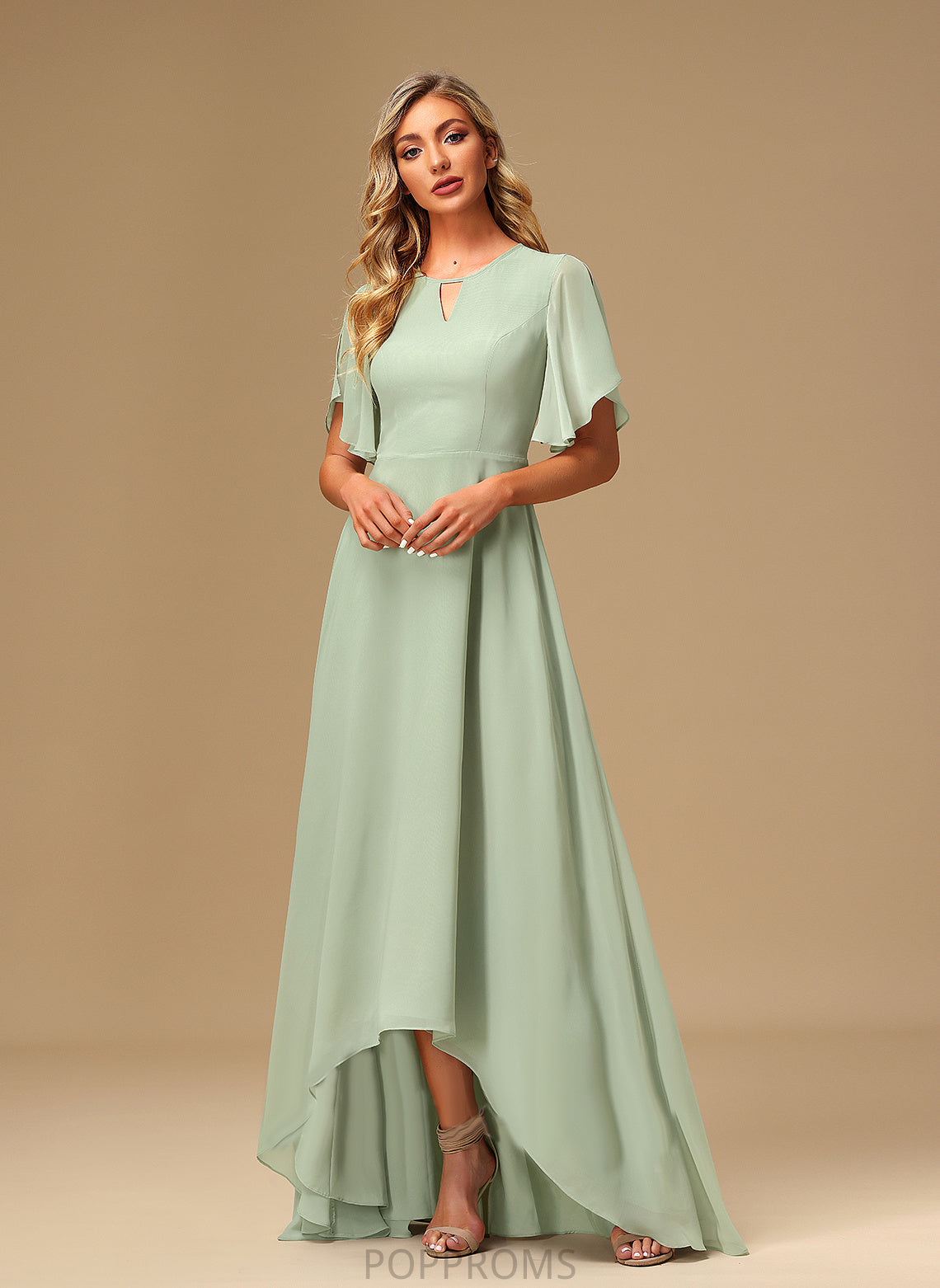 Ruffle Silhouette Embellishment A-Line Asymmetrical Length Fabric Straps Azul V-Neck Natural Waist Sleeveless Bridesmaid Dresses