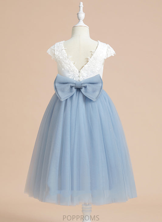 Neck Flower Girl Dresses - Flower Nathaly Girl Tea-length Scoop Lace/Bow(s) Satin/Tulle With Sleeveless A-Line Dress