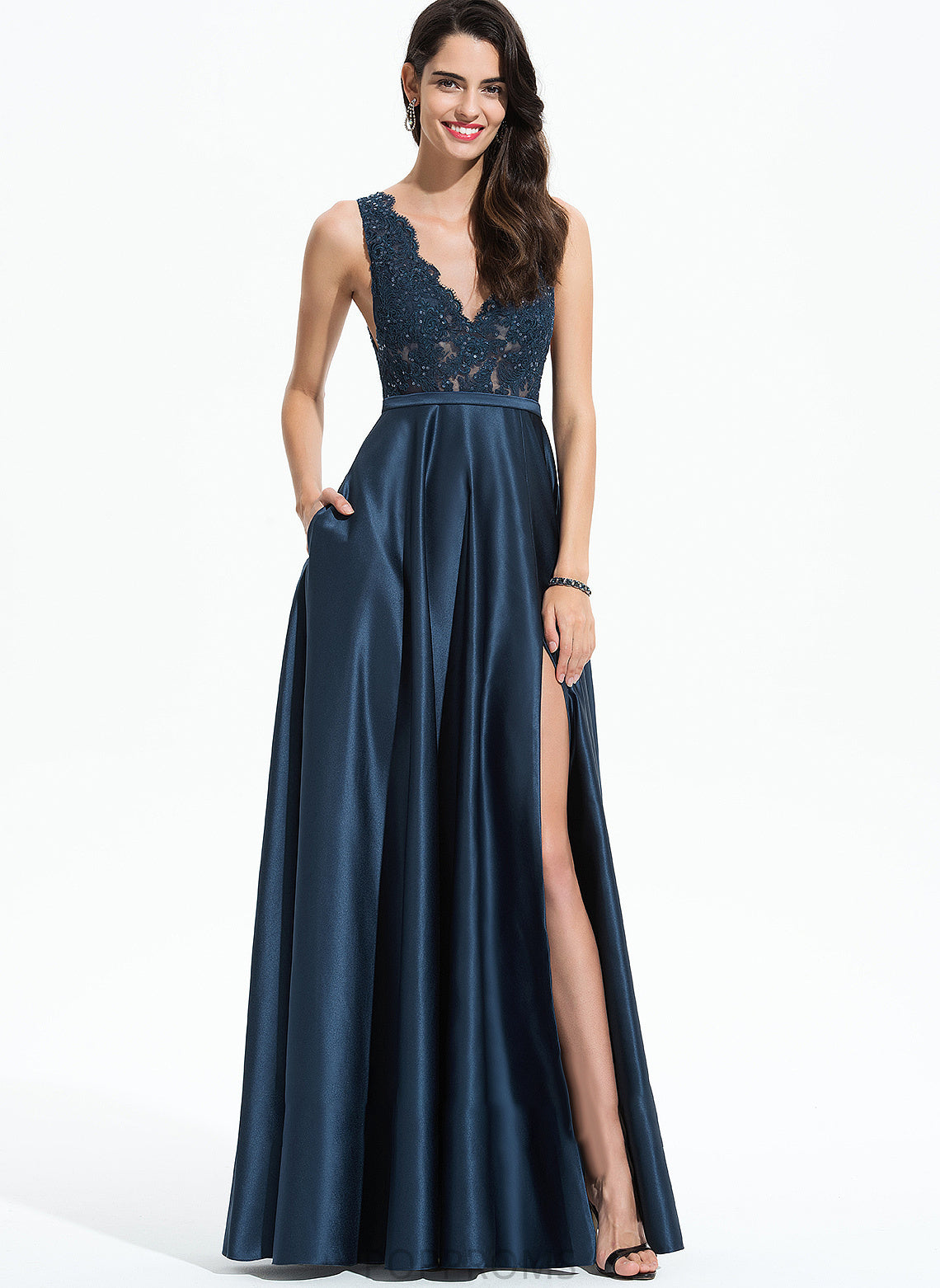 V-neck Floor-Length Susan Front A-Line With Prom Dresses Split Satin Lace Pockets Sequins