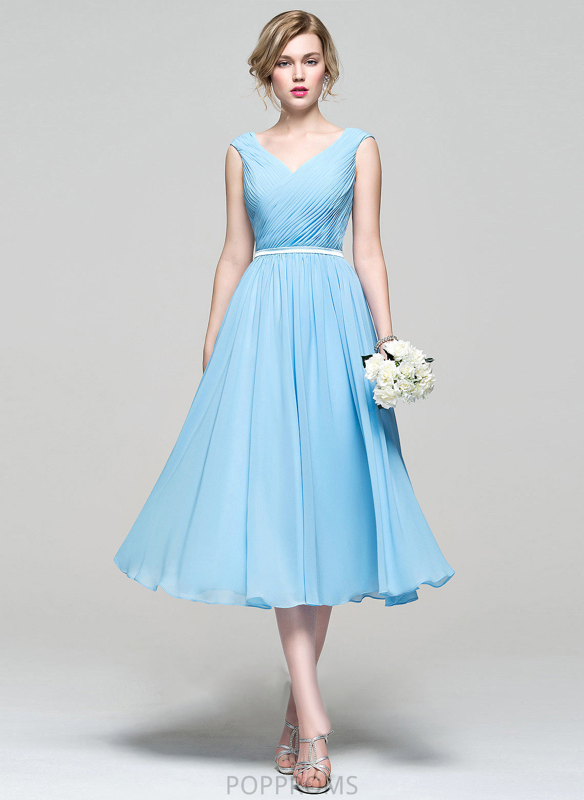 Ruffle Tea-Length Length A-Line Embellishment V-neck Silhouette Fabric Neckline Ivy Sleeveless Spaghetti Staps Bridesmaid Dresses