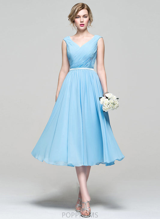 Ruffle Tea-Length Length A-Line Embellishment V-neck Silhouette Fabric Neckline Ivy Sleeveless Spaghetti Staps Bridesmaid Dresses