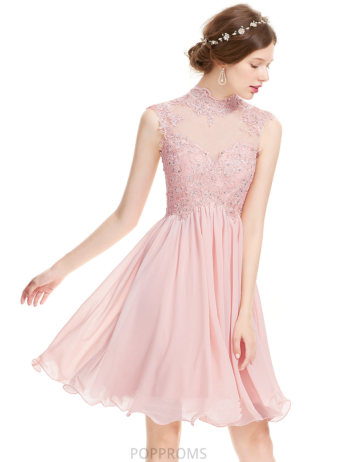 With Izabella Dress Homecoming Dresses High Chiffon Homecoming A-Line Knee-Length Beading Neck Lace