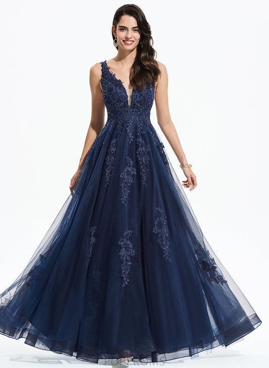 With V-neck Tulle A-Line Prom Dresses Floor-Length Sequins Cadence Lace