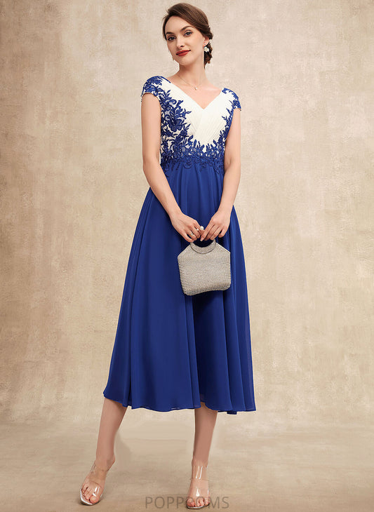 A-Line Ruffle Tea-Length Megan Chiffon With Mother V-neck Lace Dress Mother of the Bride Dresses the of Bride