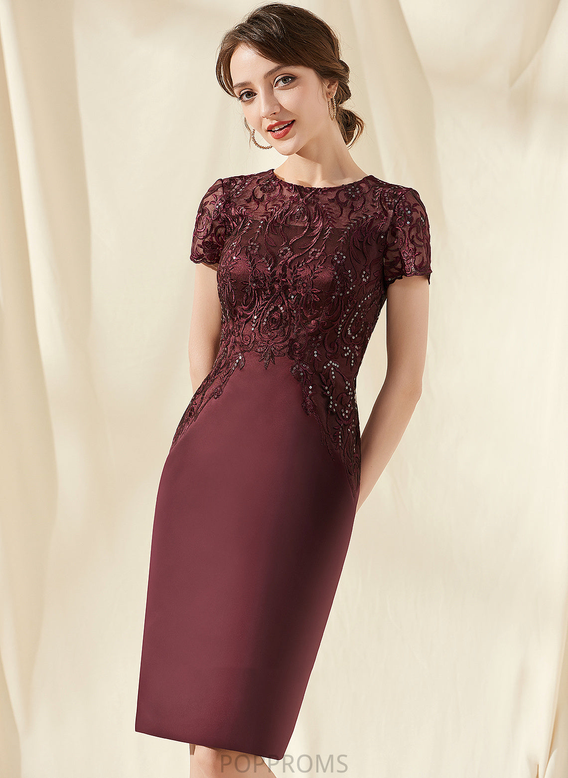 Satin Scoop Lace Neck Knee-Length Macy Dress Cocktail Sequins Sheath/Column With Cocktail Dresses