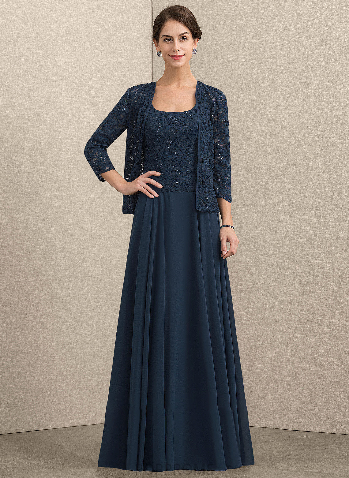 of Mother of the Bride Dresses Mother Square A-Line Dress Bride Sequins the Floor-Length Chiffon Ansley Neckline With Lace