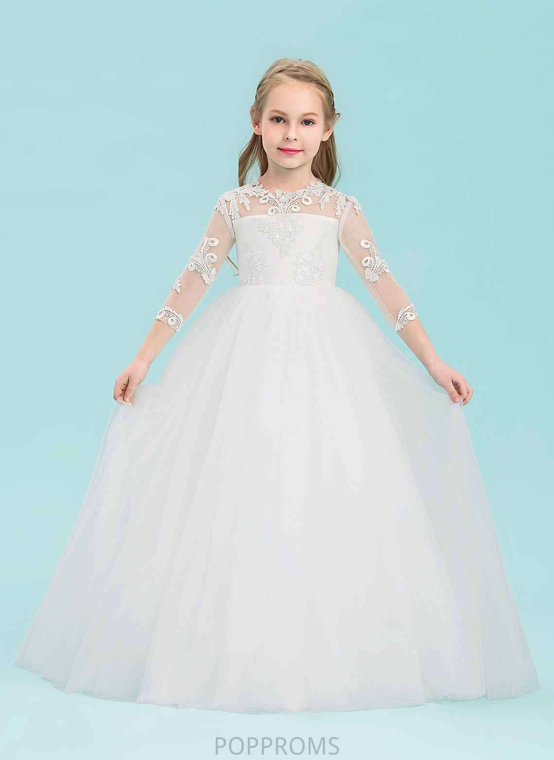 Floor-length - Flower Tulle 3/4 Ball-Gown/Princess Dress Girl Neck Sleeves Flower Girl Dresses Scoop Charlotte