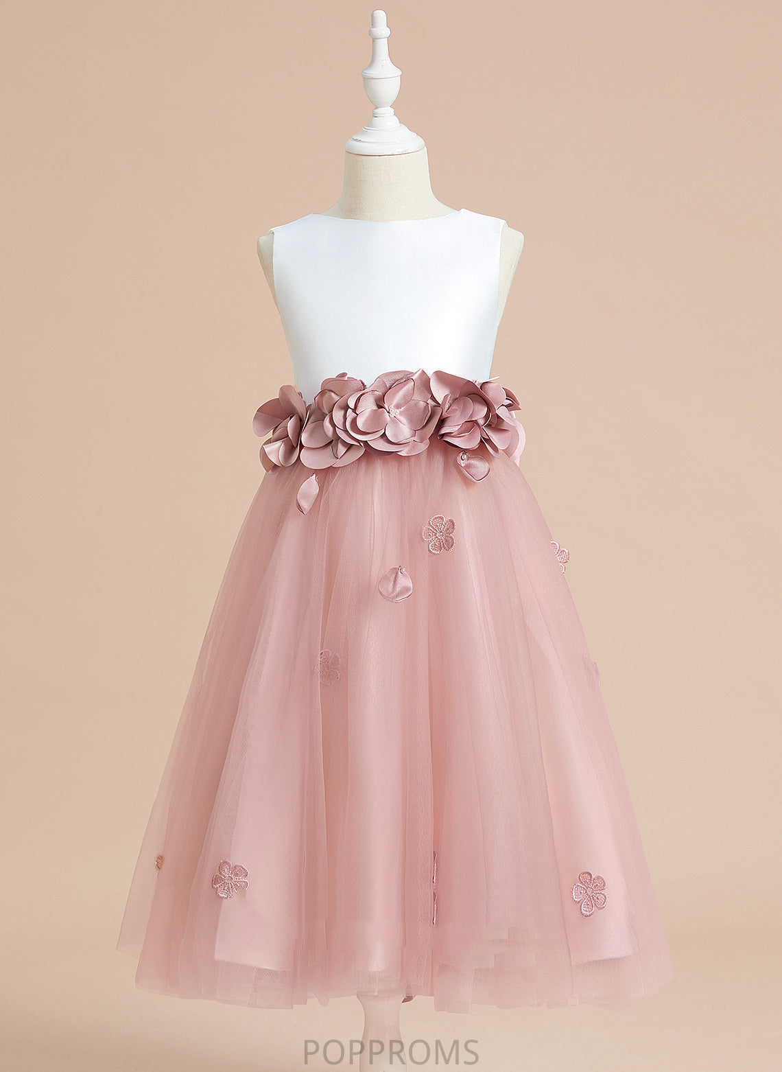 Ruby Satin/Tulle Sleeveless Flower Girl Dresses Tea-length Neck Girl Scoop With Flower A-Line Dress Flower(s)/Bow(s) -